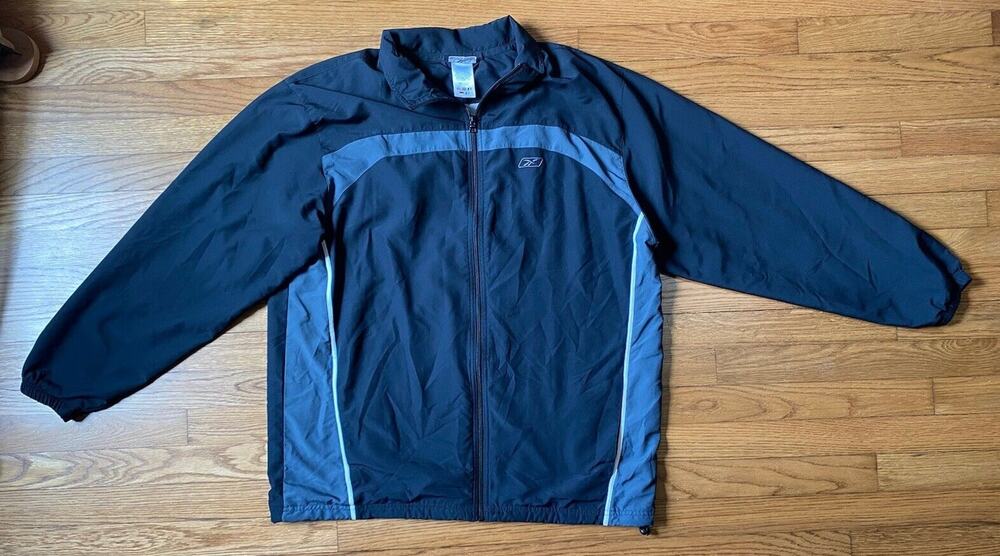 Reebok Windbreaker XL Black & Gray Mens Full Zip Jacket Long Sleeve Lined